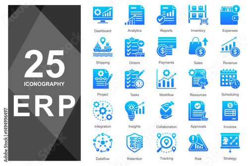 Gradient blue glyph icons for ERP apps and systems.   