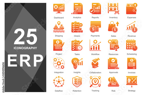 Gradient orange ERP glyph icons for dashboards.       