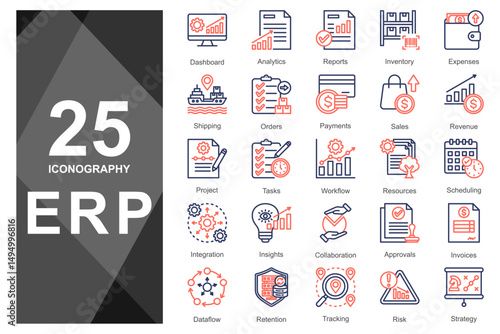 Modern orange line icons for ERP and finance tools.   