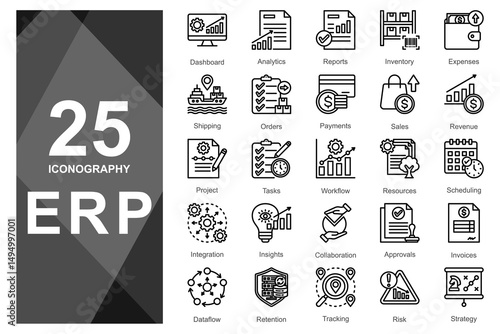 Clean line-style ERP icons for apps and tools.        