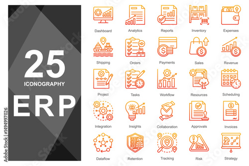 Orange gradient line icons for ERP dashboards.        