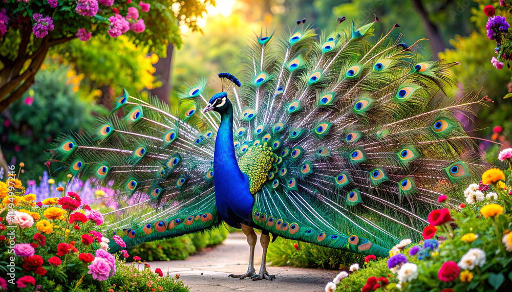 Fototapeta premium Peacock with fully spread tail feathers