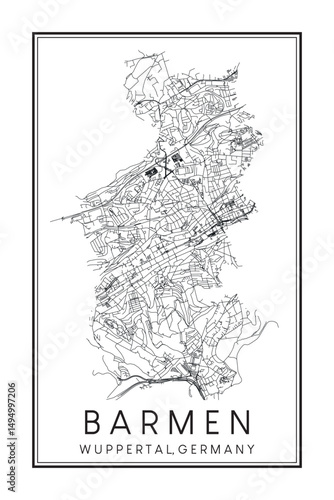 Hand drawn printable downtown road map poster of borough BARMEN of the German city of WUPPERTAL on solid white background with city name