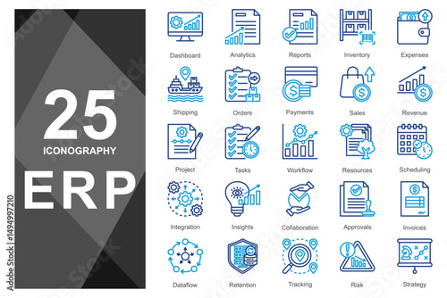 Blue duotone line icons for ERP systems and analytics.