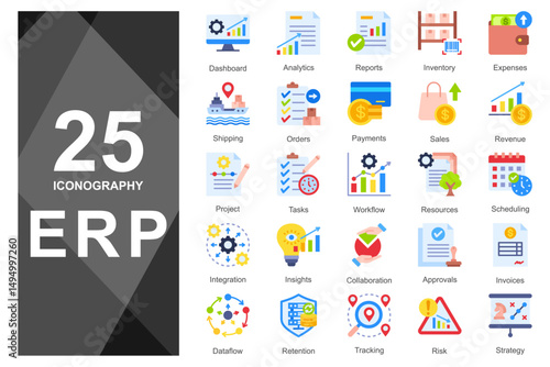 Flat ERP icons for business apps and dashboards.      