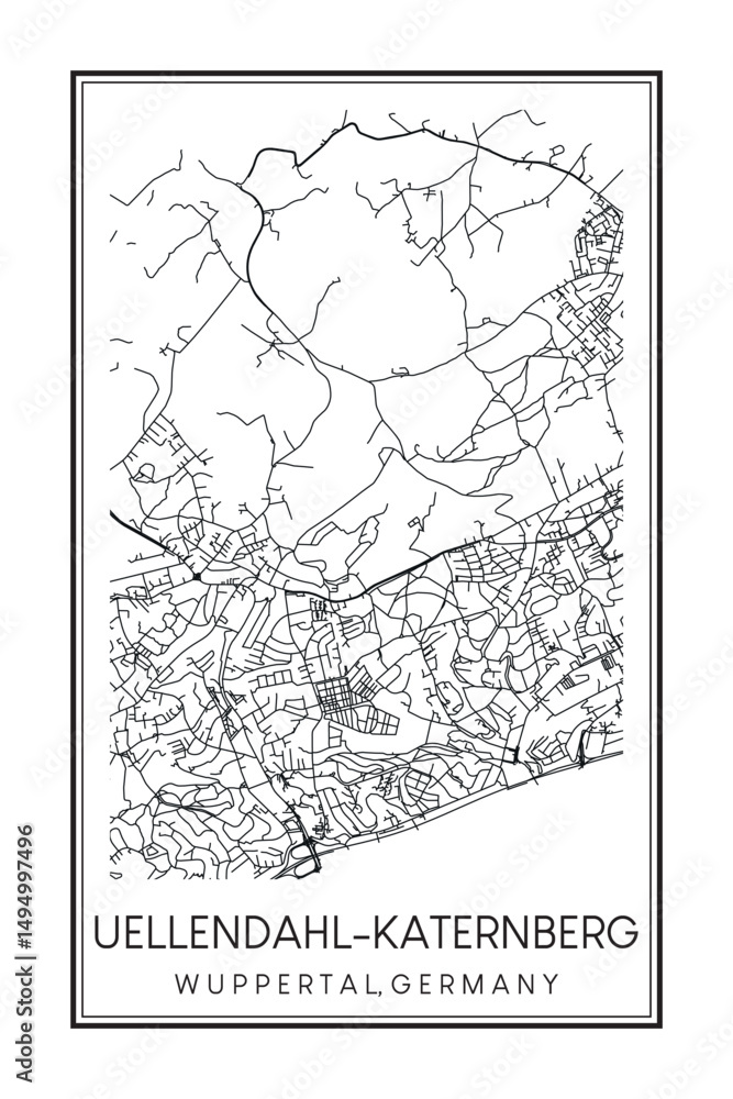 Obraz premium Hand drawn printable downtown road map poster of borough UELLENDAHL-KATERNBERG of the German city of WUPPERTAL on solid white background with city name