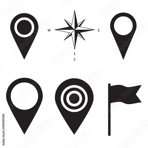 Collection of black silhouette navigation icons including compass rose and location markers
