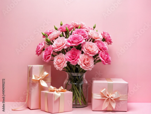 Happy Mother's Day. Beautiful bouquet of pink carnations with gift box on a colored background