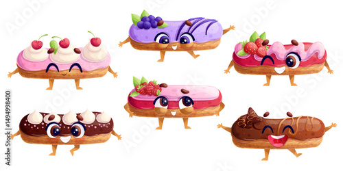 A set of cute smiling characters from various eclairs. The concept of a children's party, bakery. Isolated vector illustration for the design of postcards, invitations, posters, banners