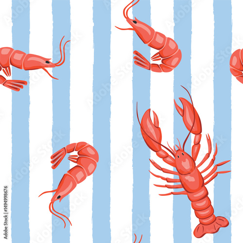 Lobster, shrimp seamless pattern, blue stripe background. Summer Italy wallpaper.