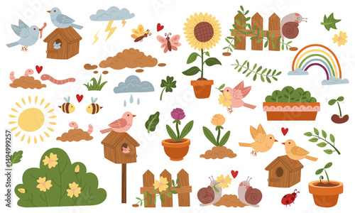 set of flat color illustrations on a spring theme. Spring blooming, dedicated to nature, the love of animals. Nice illustration. It is used in gardening blogs, environmental projects, agriculture