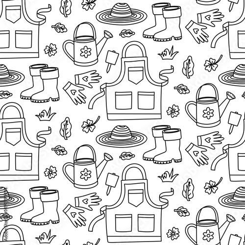 pattern with objects for gardening and garden maintenance. Gardening clothes, leaves, watering can, grass, gloves. Contour texture. Suitable for gardening blogs, packaging of garden supplies