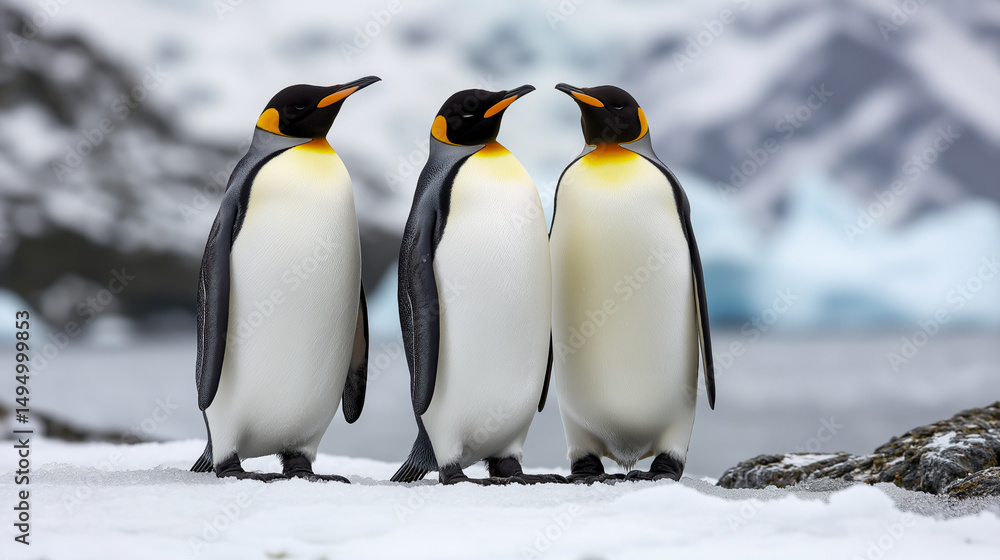 Fototapeta premium Penguins gathering in a cold, snowy landscape