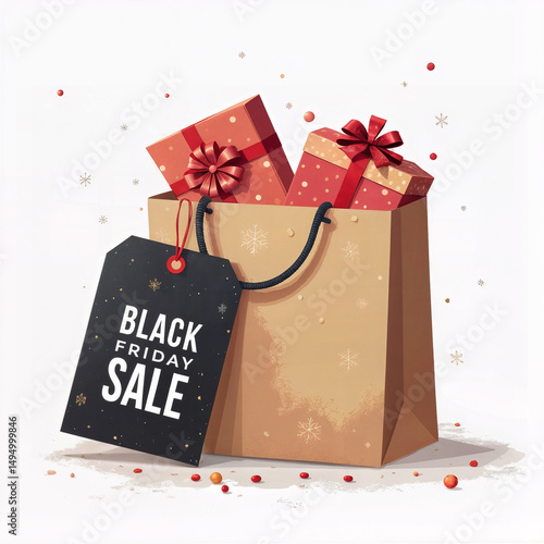 Shopping bag with gift boxes and Black Friday sale card on white grunge background