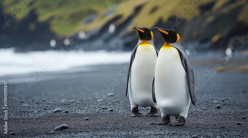 Majestic penguins standing on a black sand beach