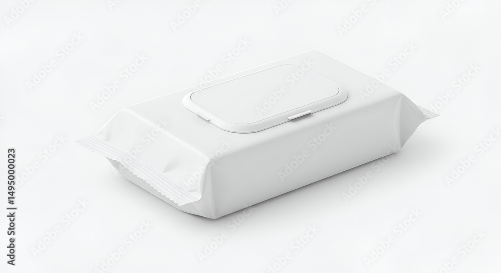 Fototapeta premium Blank white packaging for disposable wipes with a clear plastic lid. Product packaging mockup for wipes with a focus on brand design and visual appeal for use in advertising and editorial.