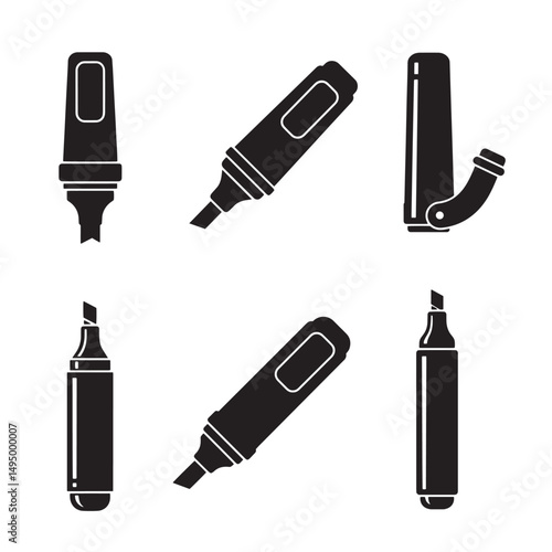 Collection of various stylized black silhouette markers for office and school illustration