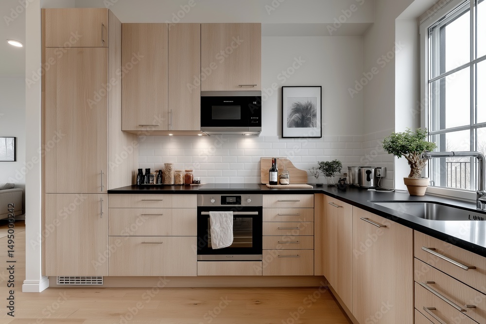 Modern light brown kitchen with black granite countertop showing domestic appliances Modern light brown kitchen with black granite countertop showing domestic appliances