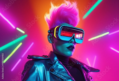 A person with pink hair and futuristic glasses poses dramatically amidst vibrant neon lights, exuding a cyberpunk aesthetic.