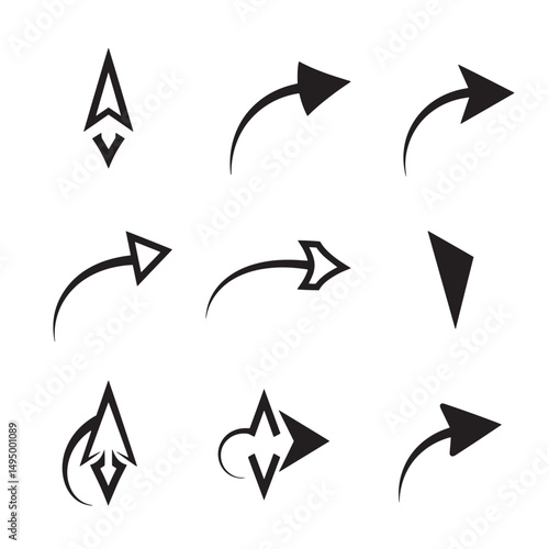 Set of nine black and white silhouette arrows with various designs for navigation