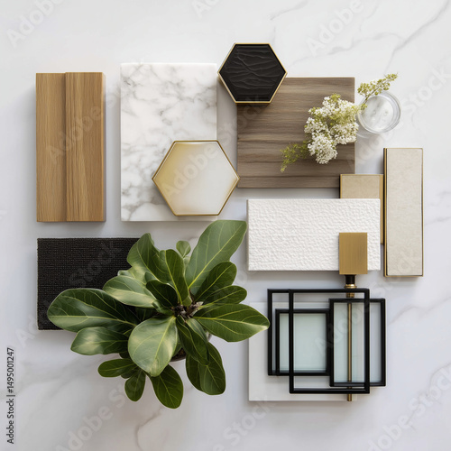 materials sample board on a while background, carrera marble accents, polished brass trim, smooth oak, white venetian plaster, black metal frames, house plants, clear glass