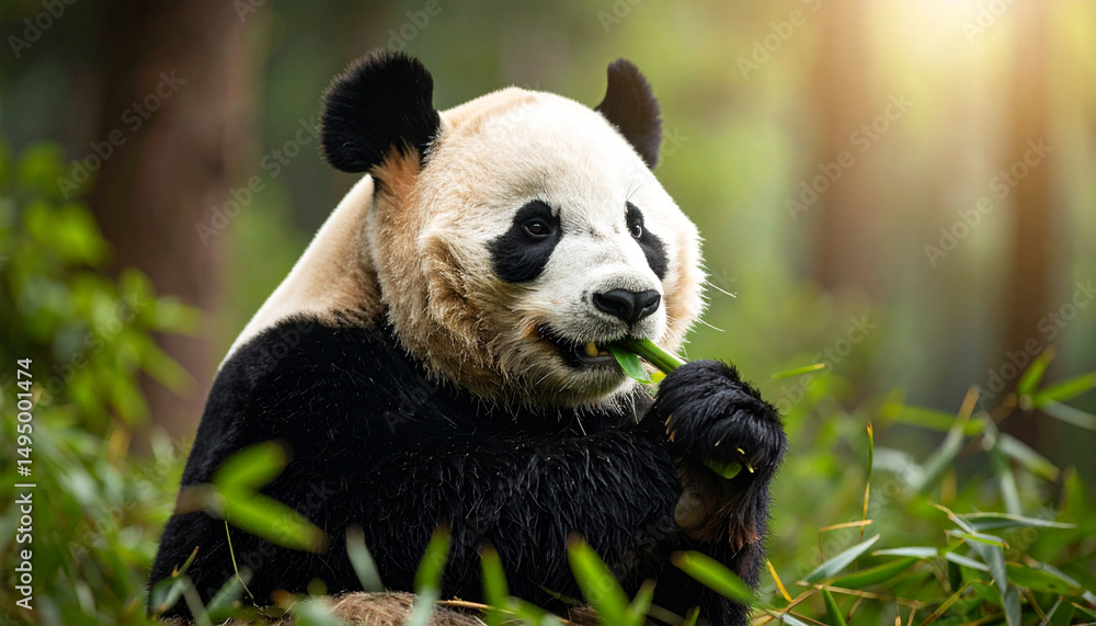 Fototapeta premium Giant Panda Eating Bamboo in Forest with Adorable Expression and Green Natural Background