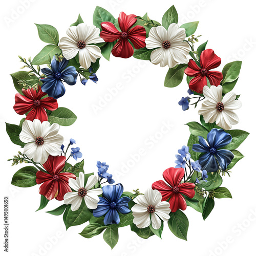 Patriotic floral wreath with red white and blue flowers for celebrations isolated on  transparent  background 