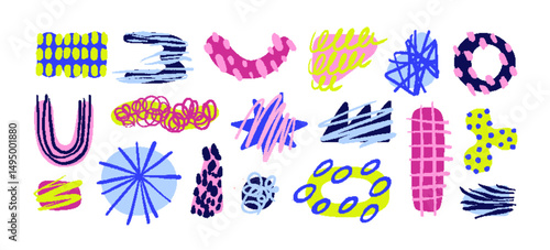 Abstract doodle shapes set. Hand-drawn geometric organic figures, forms with scribbles, swirls, grid. Modern creative design elements in funky style. Flat vector illustration on white background