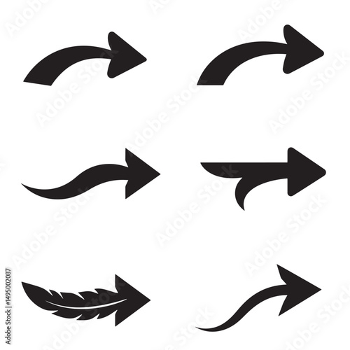 Collection of six black silhouette arrow icons in various curved and straight designs