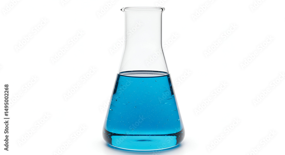 Empty conical flask filled with a vibrant blue liquid against a plain white background. Laboratory equipment, isolated for scientific research or educational purposes. Empty conical flask filled with a vibrant blue liquid against a plain white background. Laboratory equipment, isolated for scientific research or educational purposes.