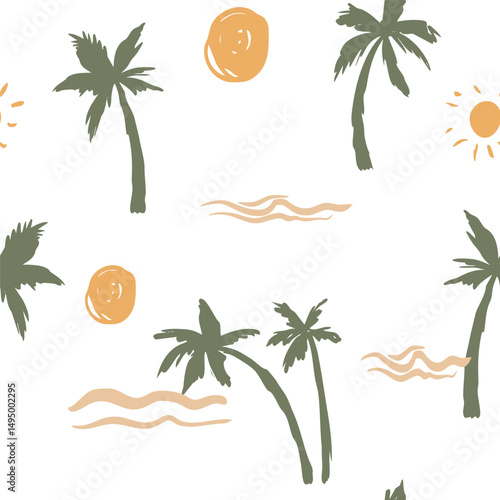 Tropical pattern, palm trees sketch, doodle illustration, vector, hand drawn, monochrome