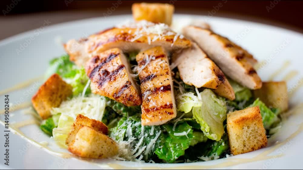 A delicious Caesar salad with grilled chicken on plate A delicious Caesar salad with grilled chicken on plate