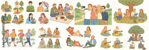 Collection of people doing activities in the park
