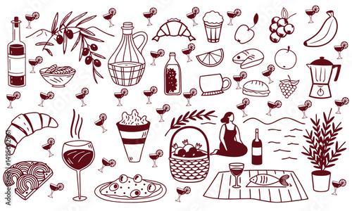 Crayon-style, hand-drawn Italian food illustrations with playful doodle ink lines, depicting breakfast, lunch, and dinner. Summer-themed vector icons feature a wine glass, croissant, and spaghetti.