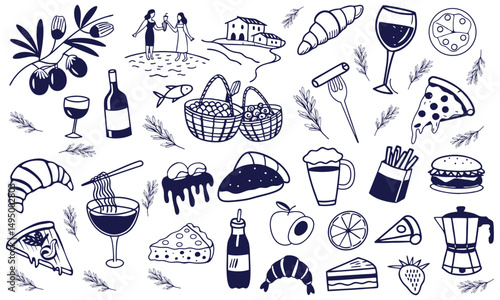 Crayon-style hand-drawn illustrations of Italian food, featuring doodle ink line icons for breakfast, lunch, and dinner. Includes vector drawings of a wine glass, croissant, spaghetti, and pizza