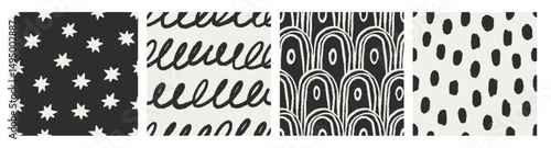 Seamless abstract scribble patterns set. Hand-drawn stars, doodles in black, ...