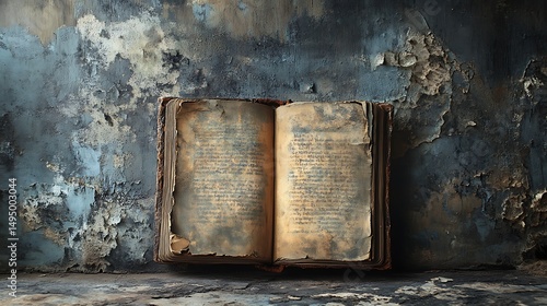Ancient manuscript with aged pages standing open against weathered backdrop
