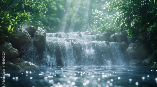 Peaceful waterfall scene in lush forest