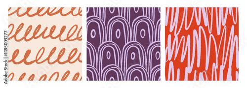 Seamless abstract patterns set. Modern freehand doodle style textures, organic scribbles. Endless background, repeating print for textile, wallpaper, wrapping design. Hand-drawn vector illustrations