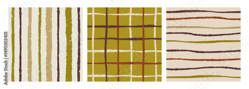 Seamless abstract checkered and striped patterns set. Scribble doodle style grid, line drawings, endless textures, prints for textile, wallpaper, wrapping design. Hand-drawn vector illustrations