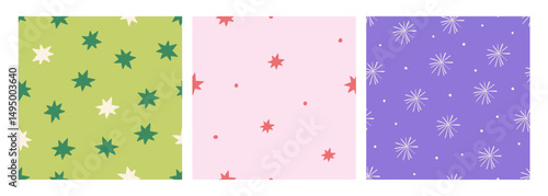 Seamless doodle patterns with stars and fireworks. Endless backgrounds, abstr...