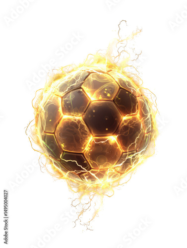 Fiery golden soccer ball energy lightning strike dramatic sport power graphic design abstract background illustration powerful dynamic energy soccer ball image game glow dark on transparent background