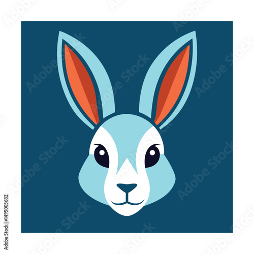 Adorable flat illustration of a cute blue bunny face with orange inner ears on dark background.