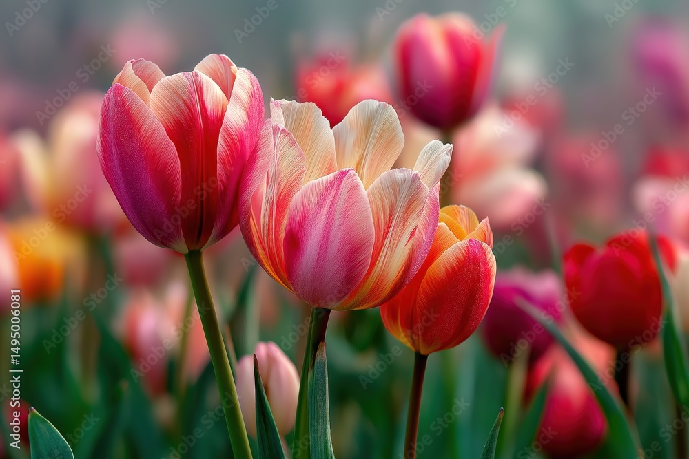 Fototapeta premium Pink and white tulips blooming in spring garden