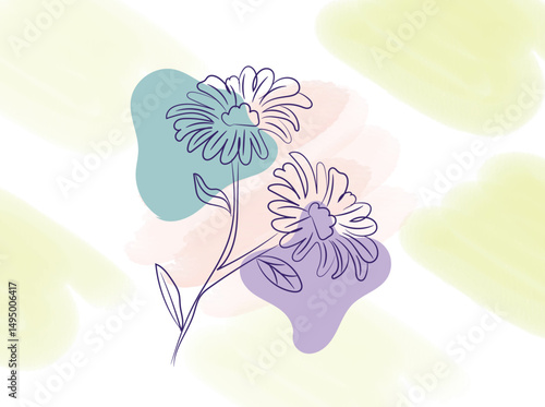 Elegant Line Art Flowers with Abstract Watercolor Background