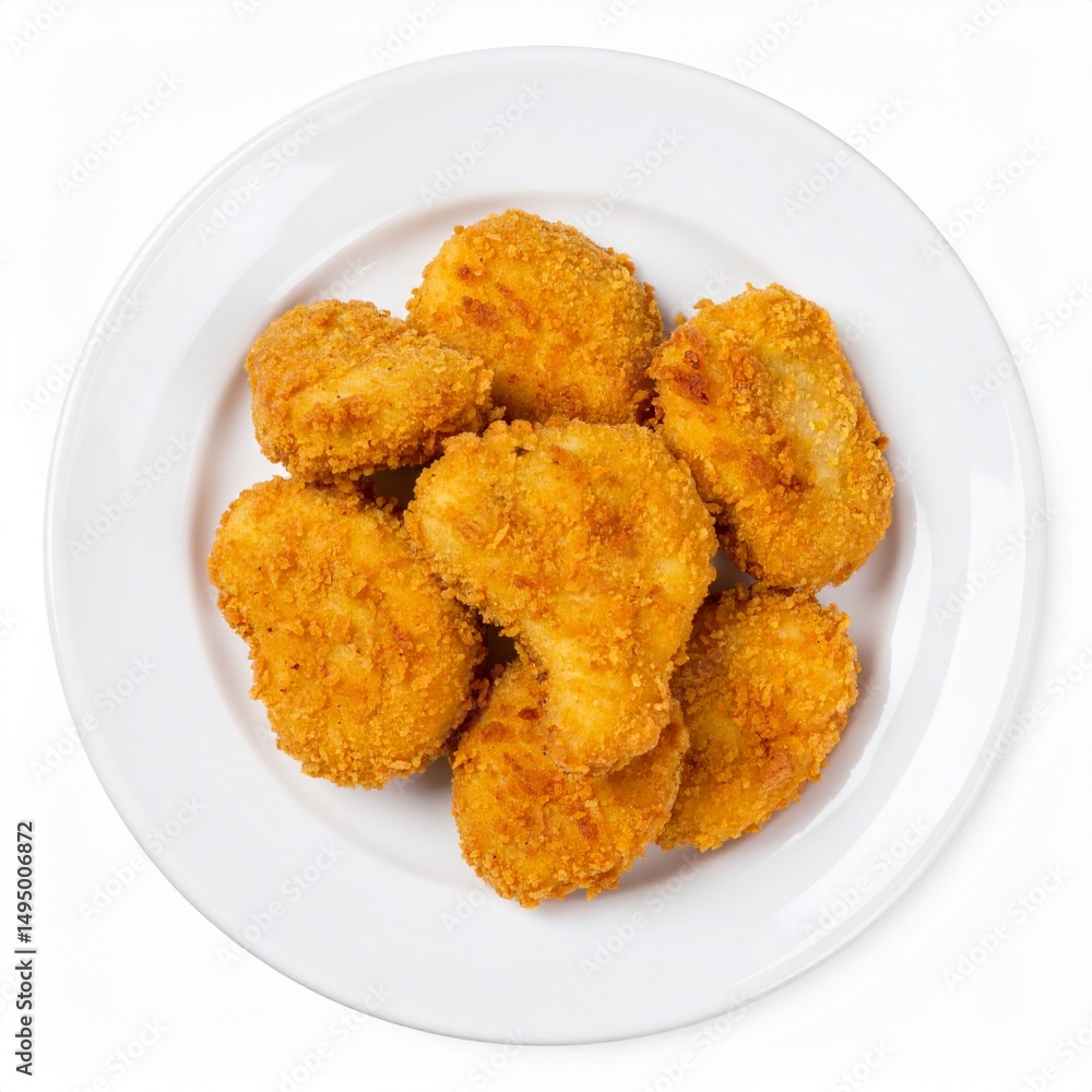 Chicken nuggets on plate isolated on white background with full depth of field for kid-friendly or fast food concept Chicken nuggets on plate isolated on white background with full depth of field for kid-friendly or fast food concept