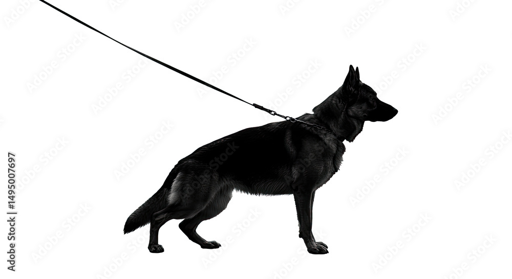 Fototapeta premium Black silhouette of a dog in a collar with a leash, full length, side view. isolated on white background.