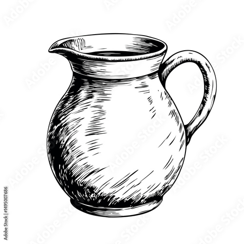 Hand drawn ceramic milk jug with handle in vintage style