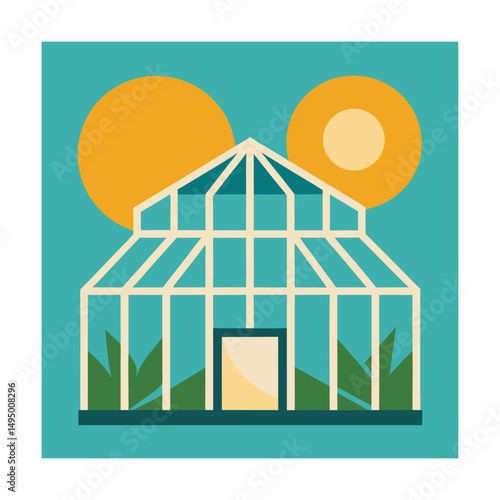 Minimalist illustration of a greenhouse with abstract suns and foliage in flat design
