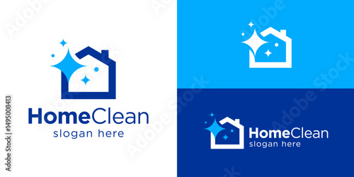 Creative simple home clean logo template. House with spotless symbol for Home cleaning logo design vector illustration.